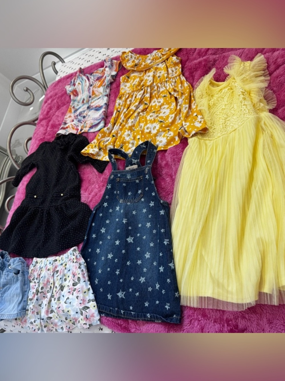 Girls Mixed Dress Lot - Yellow Lace Dress, Star Denim Pinafore & Floral Tops